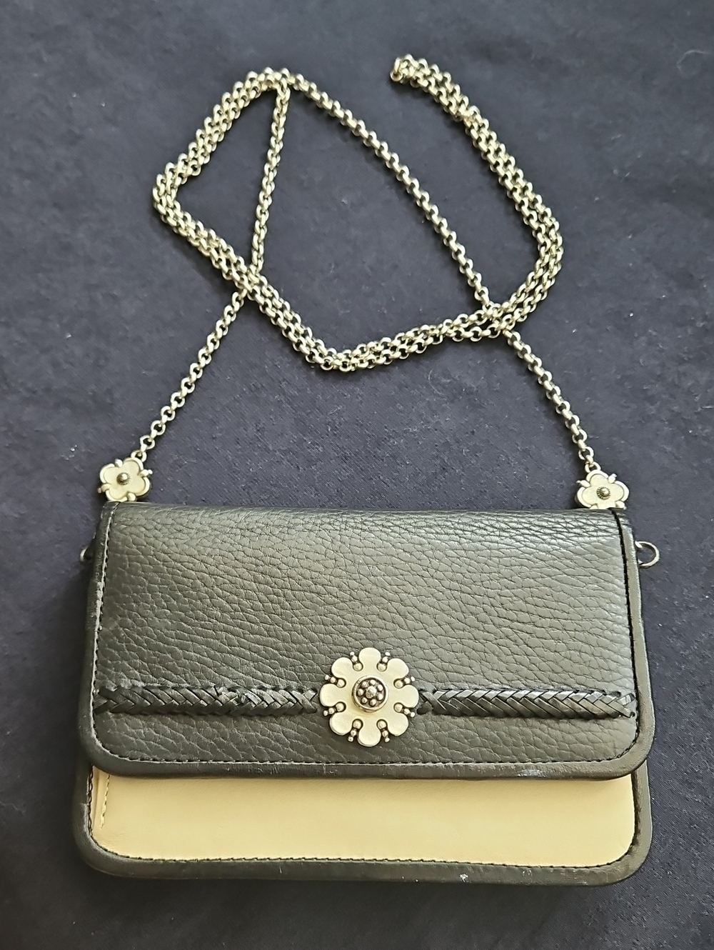Brighton Black/White Crossbody Chain Bag With Flower Accents